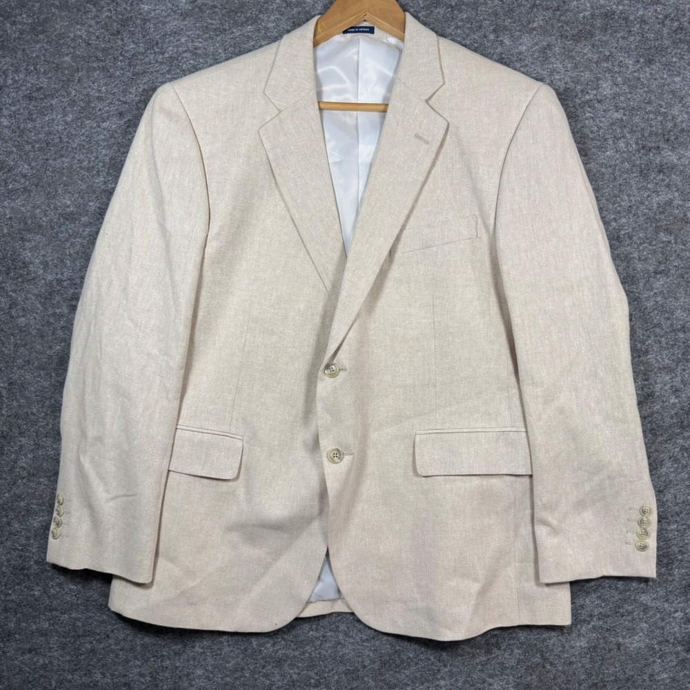 Stafford Blazer Jacket Mens 44S Linen Classic Fit Beige Herringbone Sport Coat